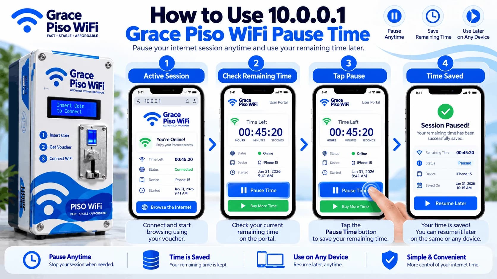 How to use 10.0.0.1 Grace Piso WiFi pause time in four steps: start an active session, check your remaining time on the portal, tap Pause Time, and see the session paused with the time saved