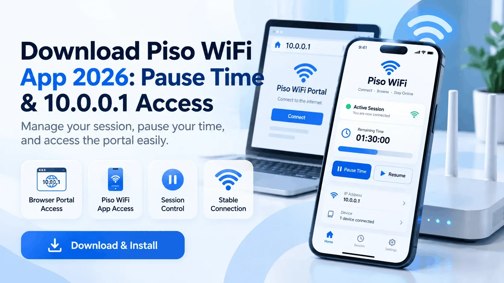 Download Piso WiFi app 2026 showing a phone with an active session, remaining time, Pause Time and Resume buttons, next to the 10.0.0.1 browser portal on a laptop