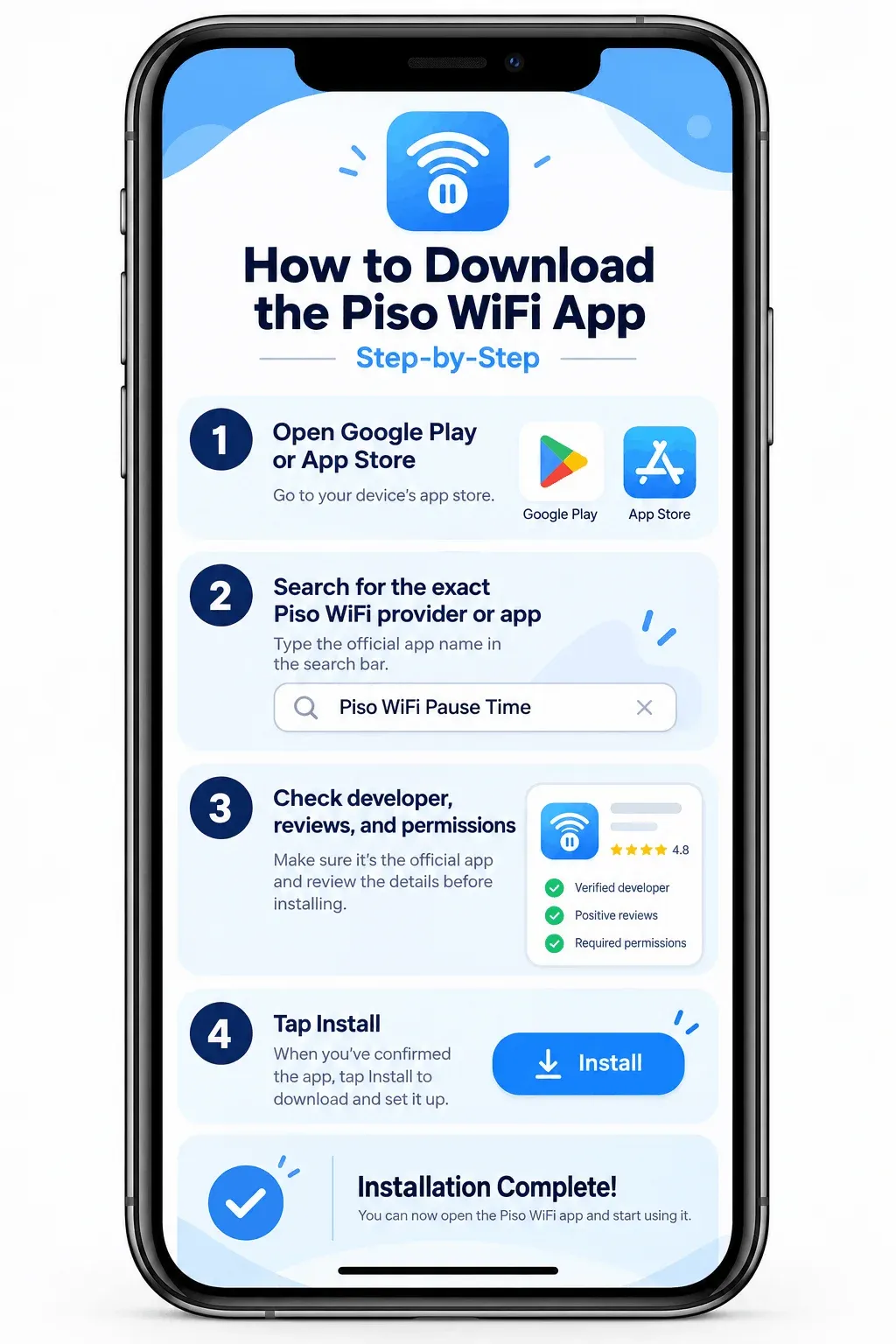 How to download the Piso WiFi app step by step: open Google Play or the App Store, search for the exact provider app, check the developer, reviews, and permissions, then tap Install