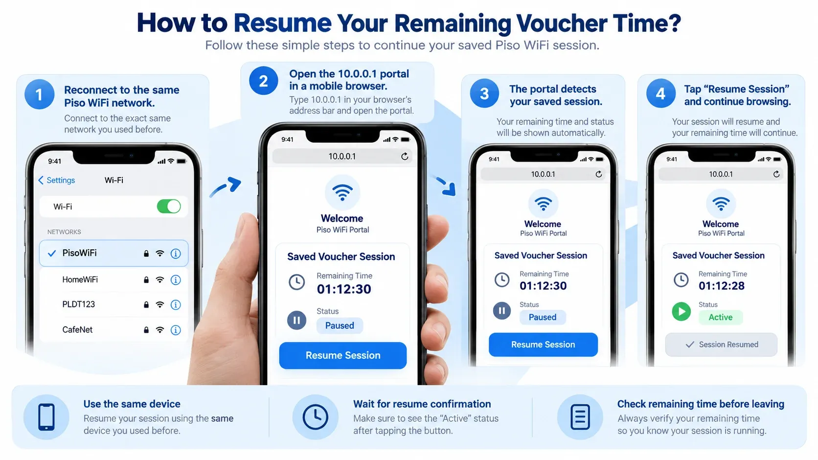 How to resume remaining Piso WiFi voucher time: reconnect to the same network, open the 10.0.0.1 portal, let it detect the paused voucher session, and tap Resume Session to continue browsing