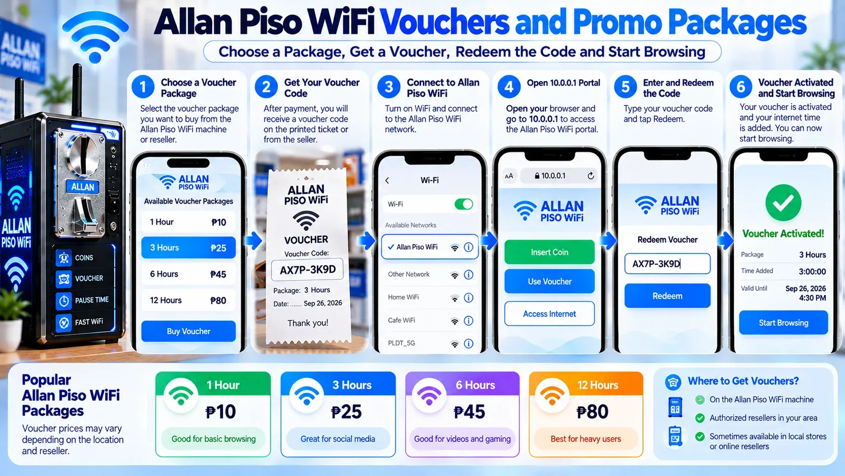 Allan Piso WiFi vouchers and promo packages: choose a package, get a voucher code, connect to Allan Piso WiFi, open 10.0.0.1, redeem the code, and start browsing, with sample packages from 1 hour to 12 hours