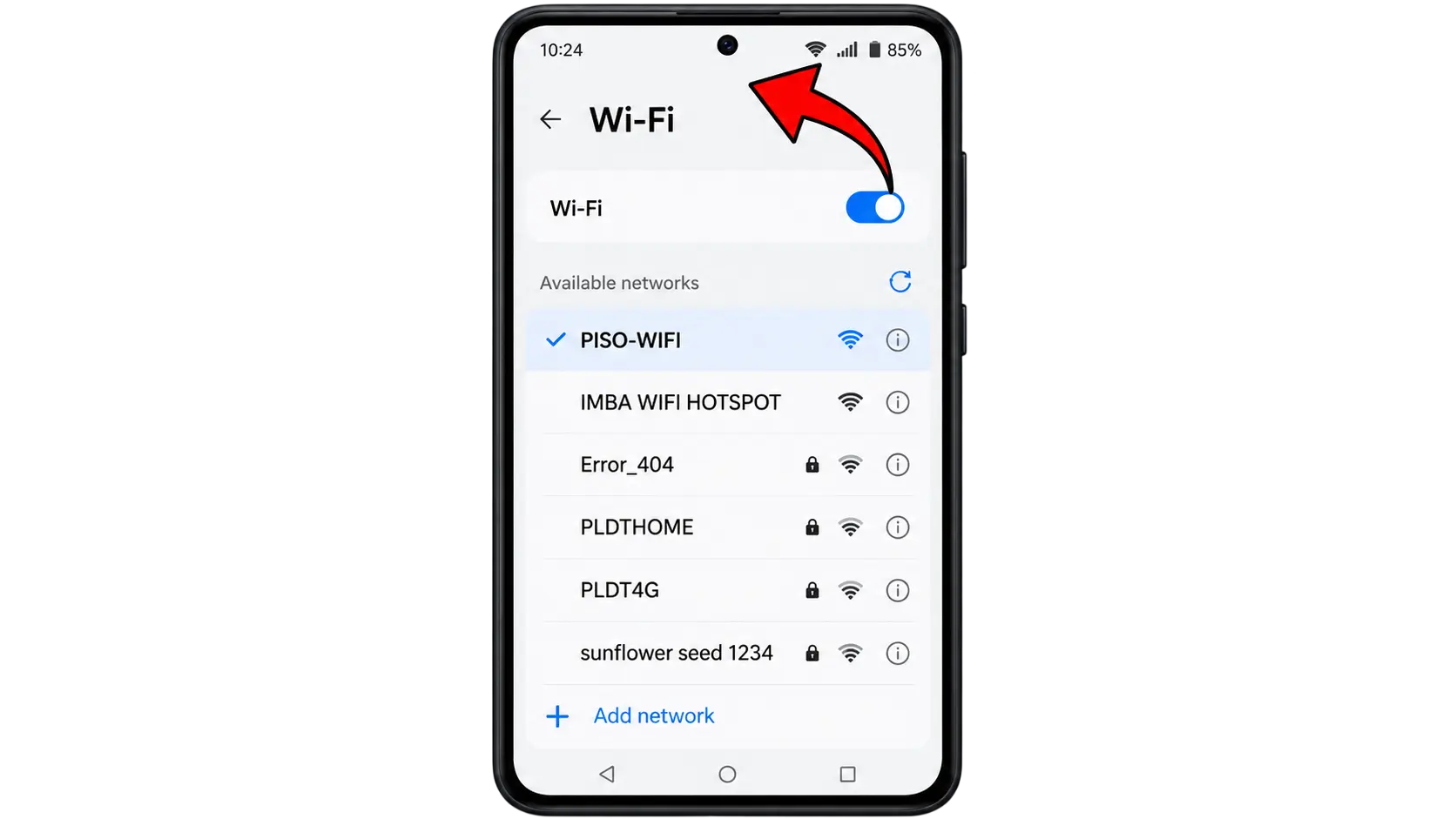 Android Wi-Fi settings with the PISO-WIFI network selected from the list of available networks