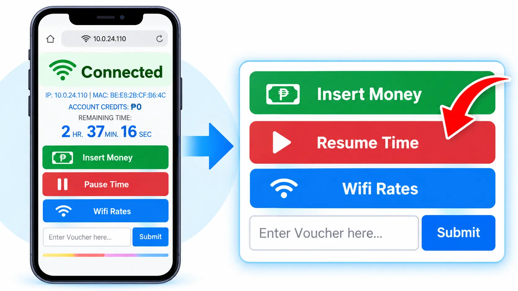 Piso WiFi portal with the Pause Time button changing to Resume Time after the session is paused