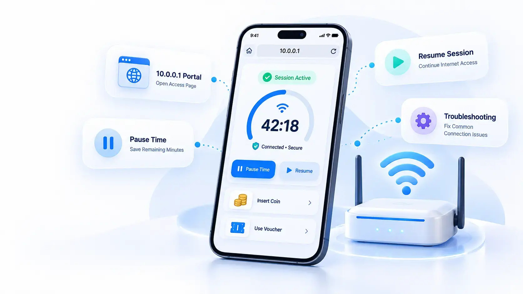Phone showing an active Piso WiFi session on the 10.0.0.1 portal with Pause Time, Resume, Insert Coin, and Use Voucher options next to a WiFi router