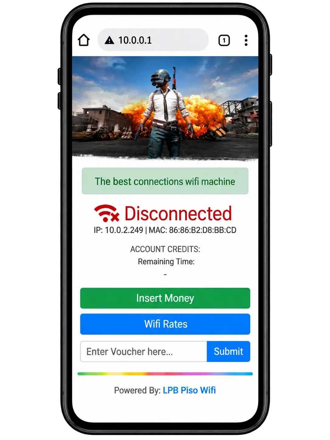 Piso WiFi portal showing a Disconnected status with Insert Money, Wifi Rates, and voucher options