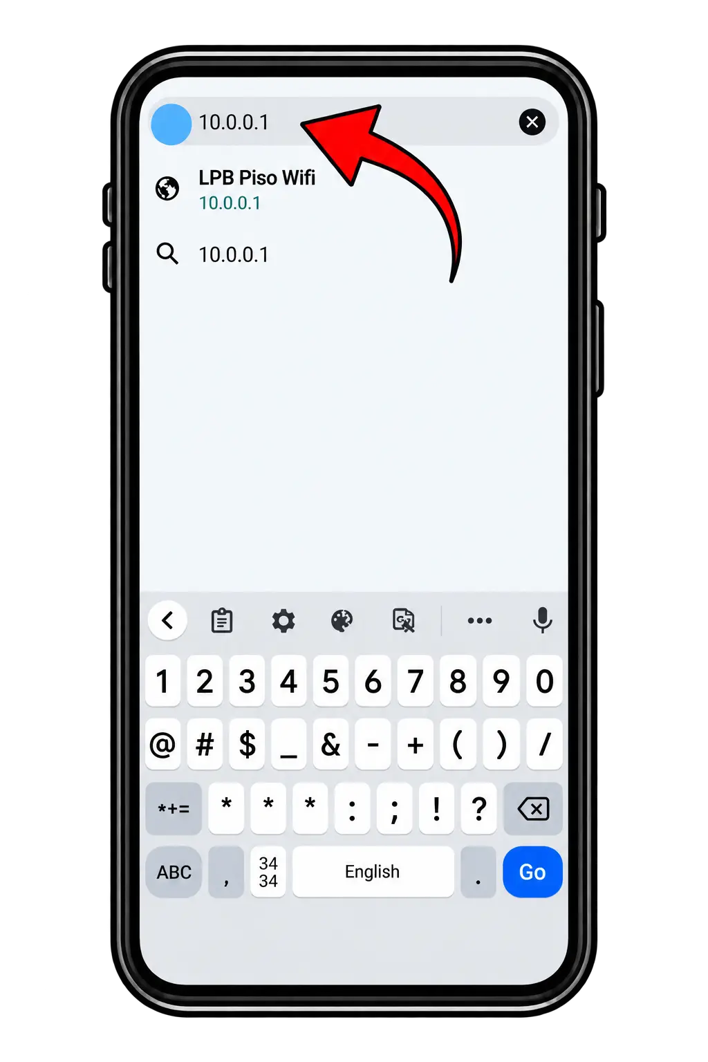 Phone browser with 10.0.0.1 typed in the address bar and the LPB Piso Wifi portal suggested
