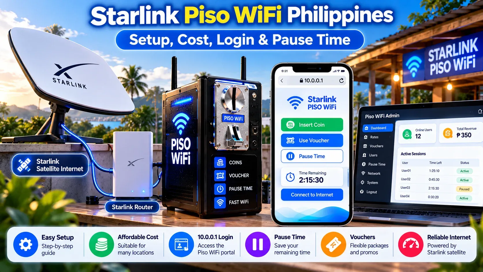 Starlink Piso WiFi Philippines setup showing a Starlink dish and router connected to a Piso WiFi coin machine, the 10.0.0.1 portal with Insert Coin, Use Voucher, and Pause Time, and the Piso WiFi admin dashboard