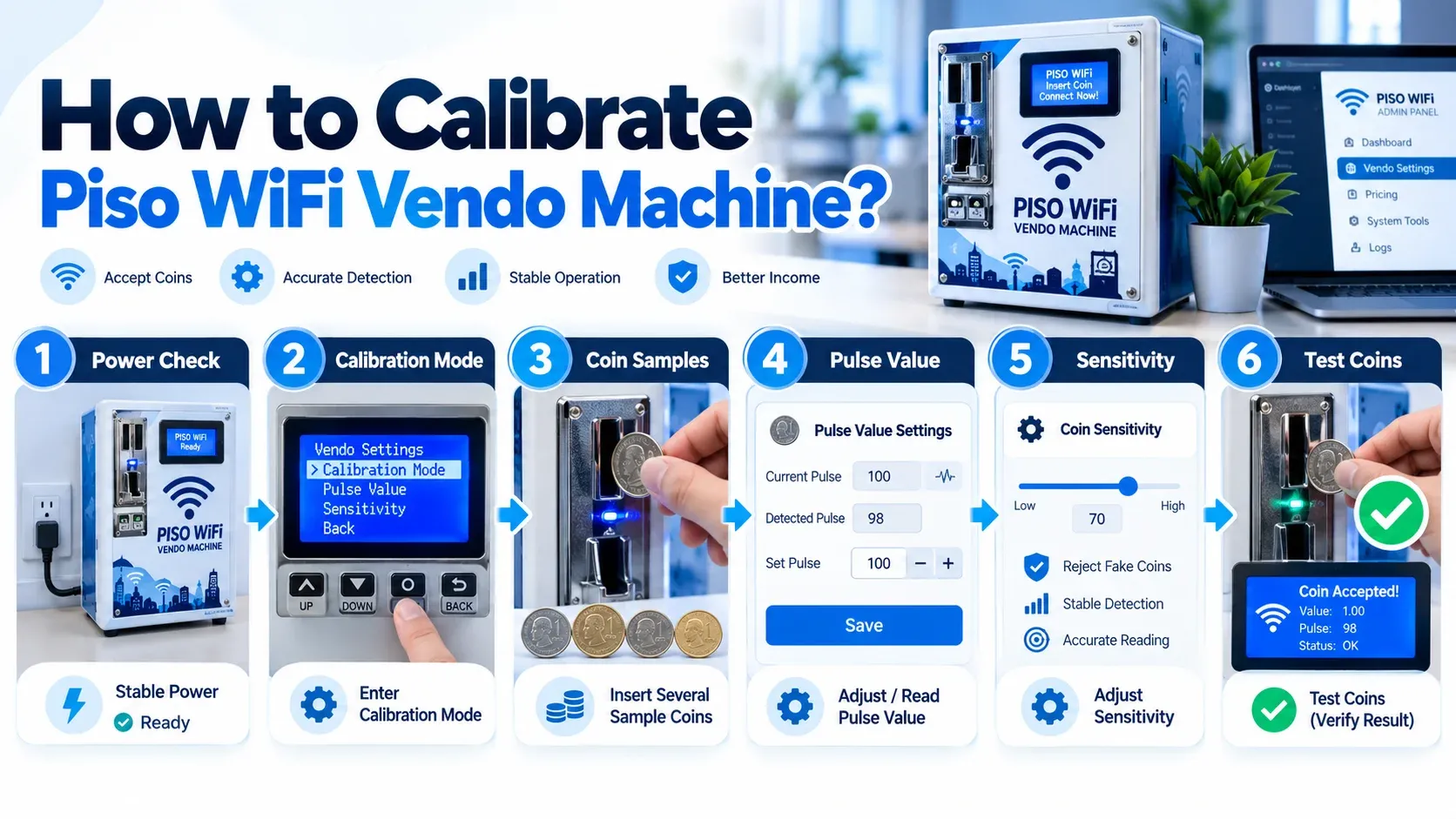 How to calibrate a Piso WiFi Vendo machine in six steps: check stable power, enter calibration mode, insert sample coins, adjust the pulse value, set coin sensitivity, and test coins until they are accepted